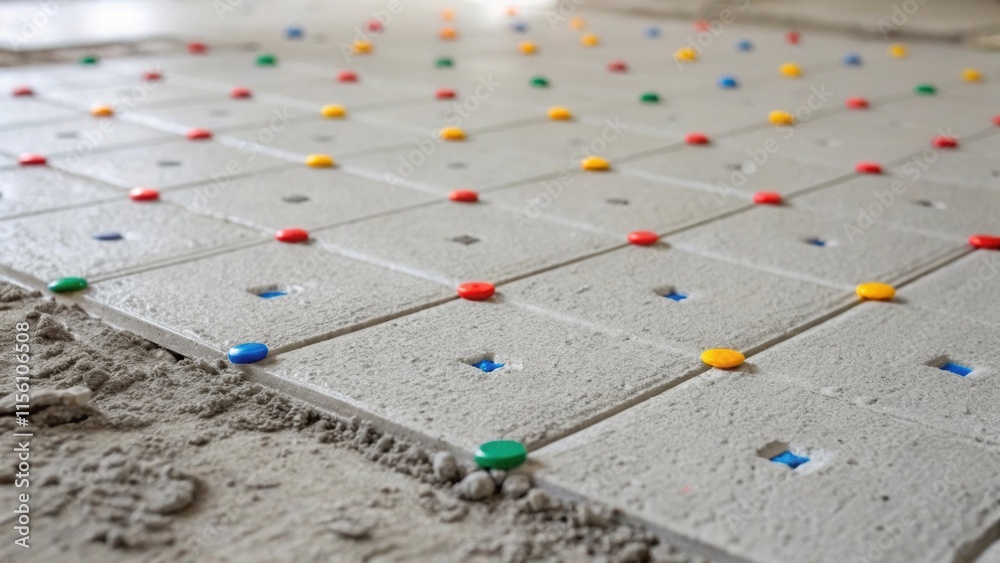 Aufkleber An intricate view of the floor surface showing a textured layer of mortar spread evenly dotted with small tile spacers their bright colors contrasting against the gray substrate.
