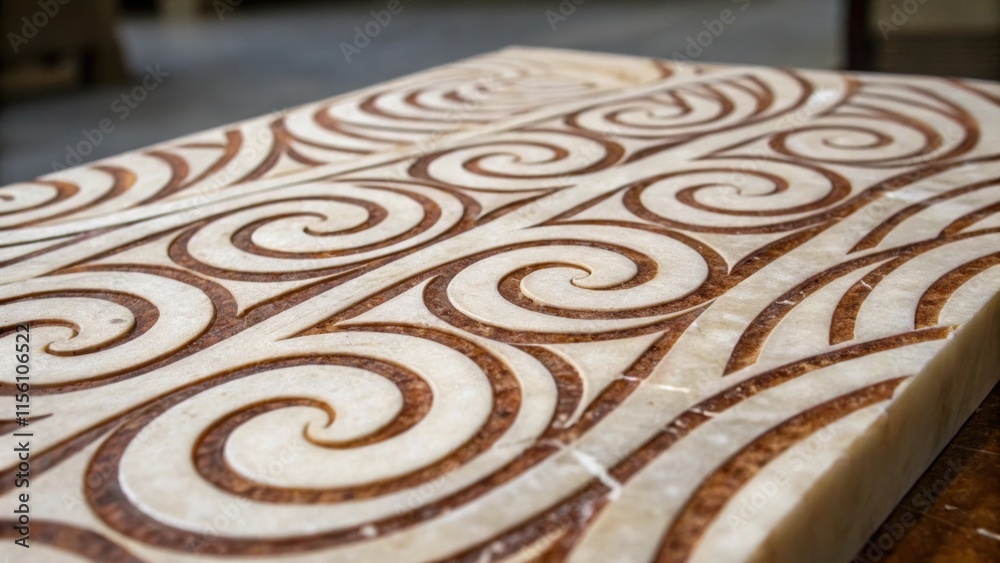 Aufkleber An intricate pattern of spiraled lines on a closeup piece of patterned marble intertwining shades of espresso and cream in a dynamic display.