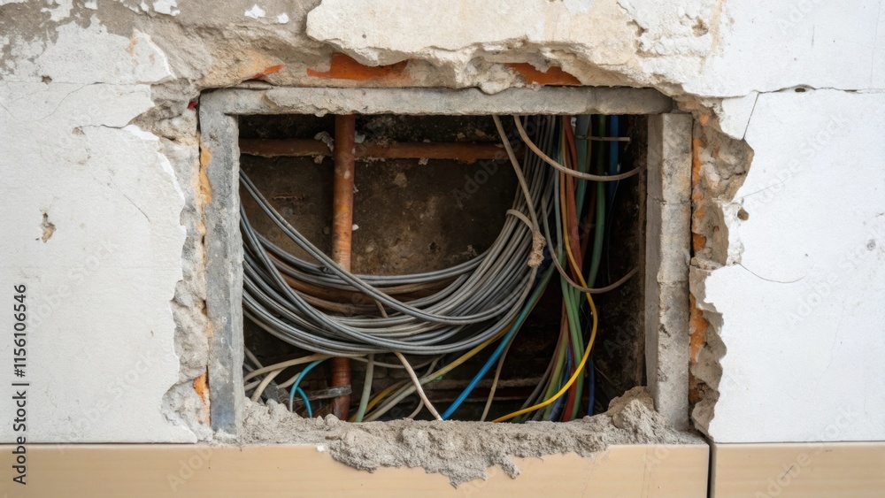 Poster An intricate display of electrical wires emerging from a rough opening in the wall framed by peeling paint and a dustfilled gap that speaks of renovation chaos.