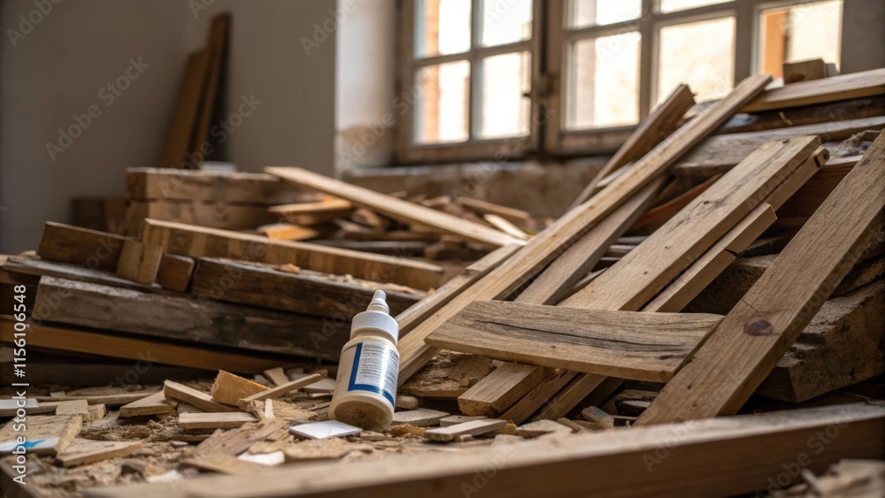 Fototapete an intricate collage of wooden shards broken pallets and remnants of caulk tubes squeezed dry highli