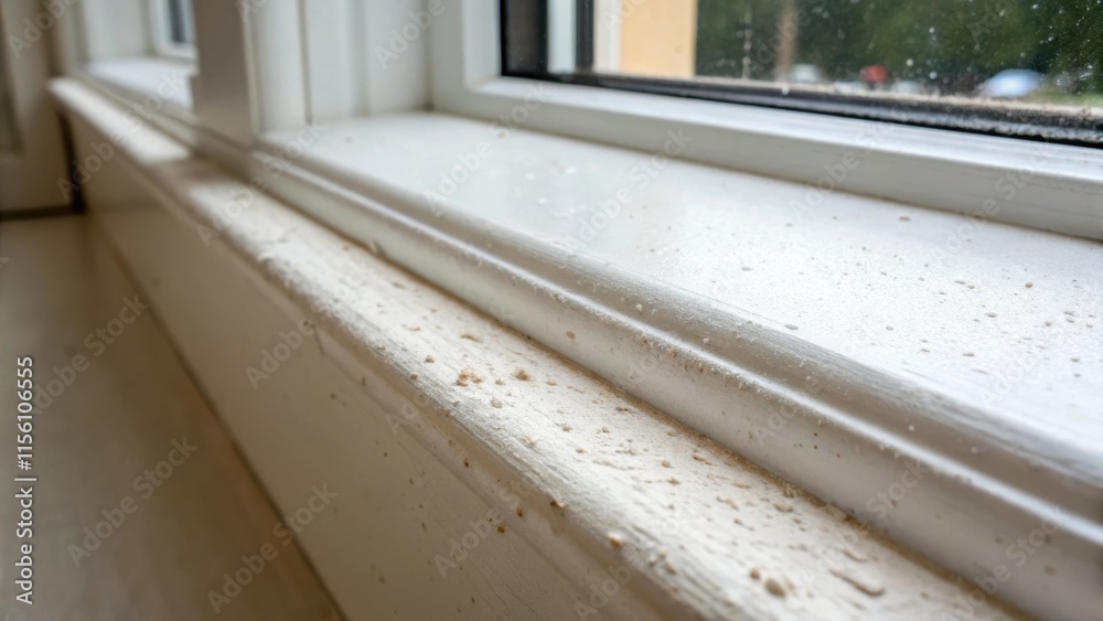 Aufkleber An intimate view of the window sill reveals tiny flecks of dust and paint remnants juxtaposed with the flawless white caulking that rejuvenates the space.
