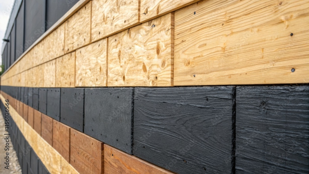Aufkleber An intimate view of the wall displays sections of rugged plywood interspersed with dark waterproofing membrane emphasizing the contrast between natural wood grain and synthetic
