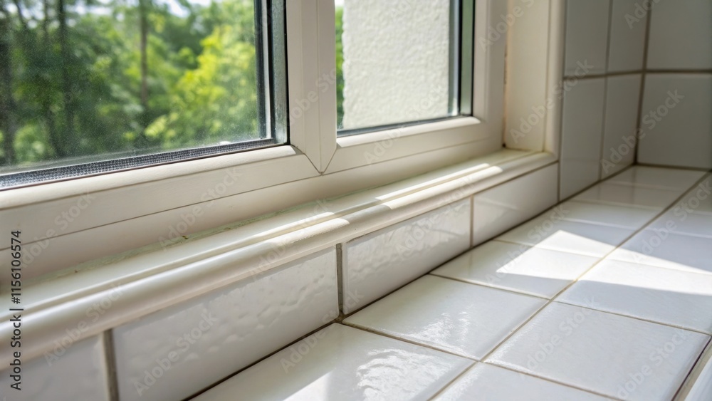 Poster An intimate view of the intersection between the tiles and window where fresh grout forms a seamless barrier accented by the soft glow of natural light streaming through.