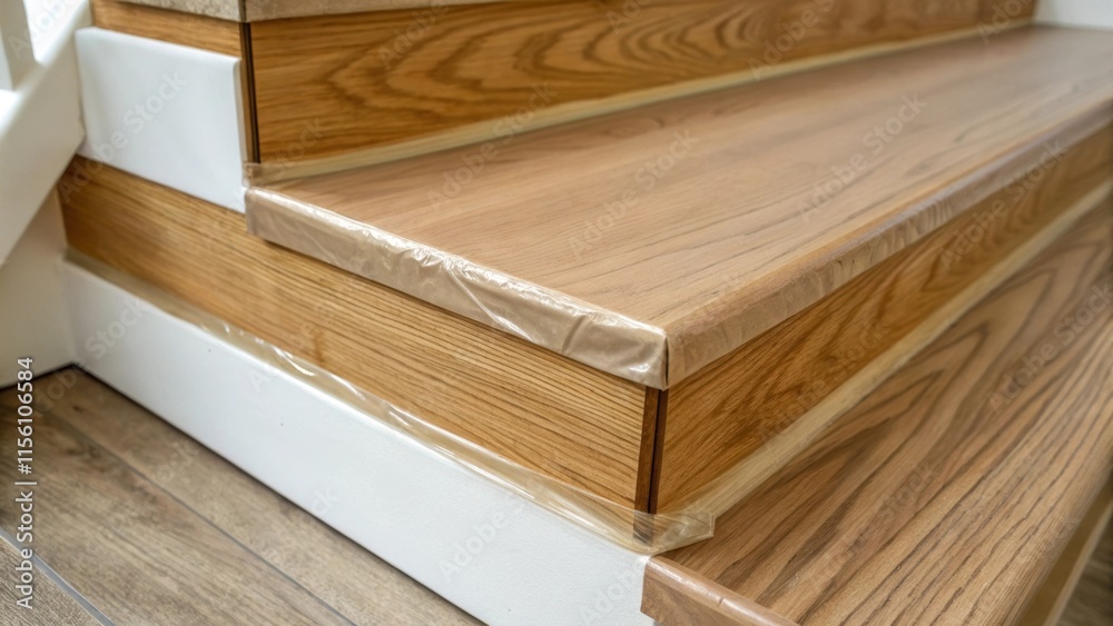 Poster An intimate view of a steps edge where the protective cover has shifted just enough to expose a flawless wood grain while the rest remains coed in a thin layer of protection.