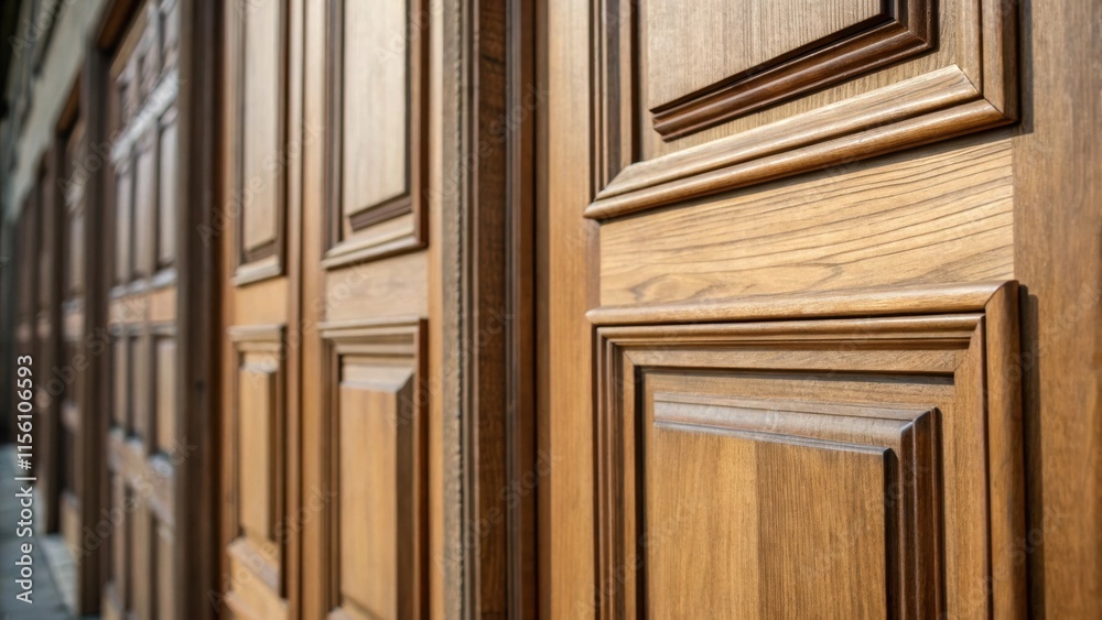 Poster An intimate view of a stacked grouping of doors focusing on overlapping edges and the interplay of shadows accentuating the layered textures of the unfinished wood.