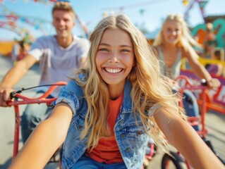 Fototapeta premium A cheerful group of friends enjoys a fun tricycle ride outdoors, smiling brightly in the sunny weather.