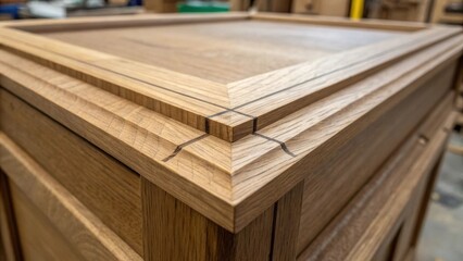 An intricate closeup of a wooden cabinet joint where two pieces of timber meet showcasing the precise craftsmanship with faint tool marks still visible in the grooves.