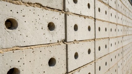 An intimate view of the walls surface showcasing a clean array of holes with the raw materials of the wall faintly visible around them hinting at the underlying structure.