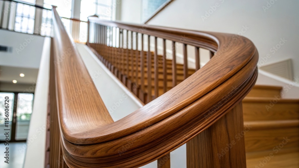 Aufkleber an image of a spindled railing focusing on the smoothness of the wood that leads down the staircase 