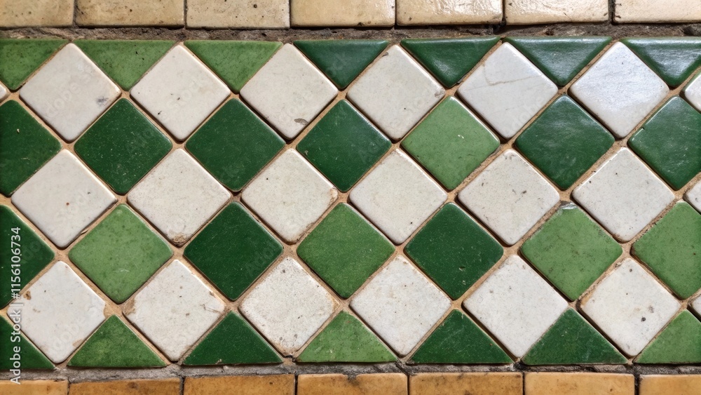 Poster an image that highlights a vintage tile design showcasing the carefully arranged green and white pie