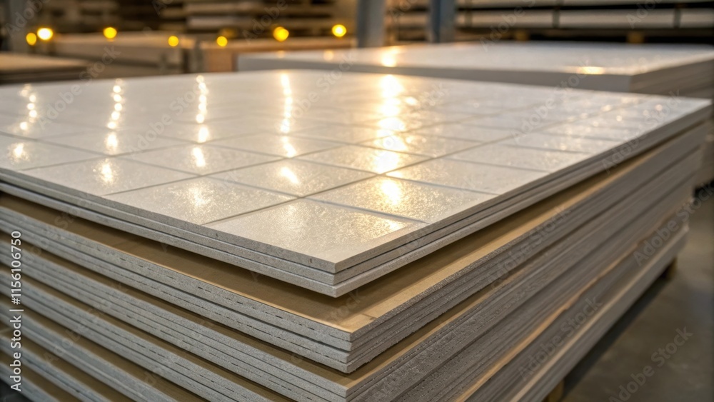 Poster An image focusing on a stack of ceiling tiles accentuated by a light source illuminating one corner revealing the luminous quality of the material.