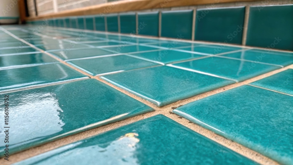 Aufkleber An image focusing on the glistening surface of a teal tile with fine lines of grout around it offering a glimpse of the craftsmanship in the renovation process.