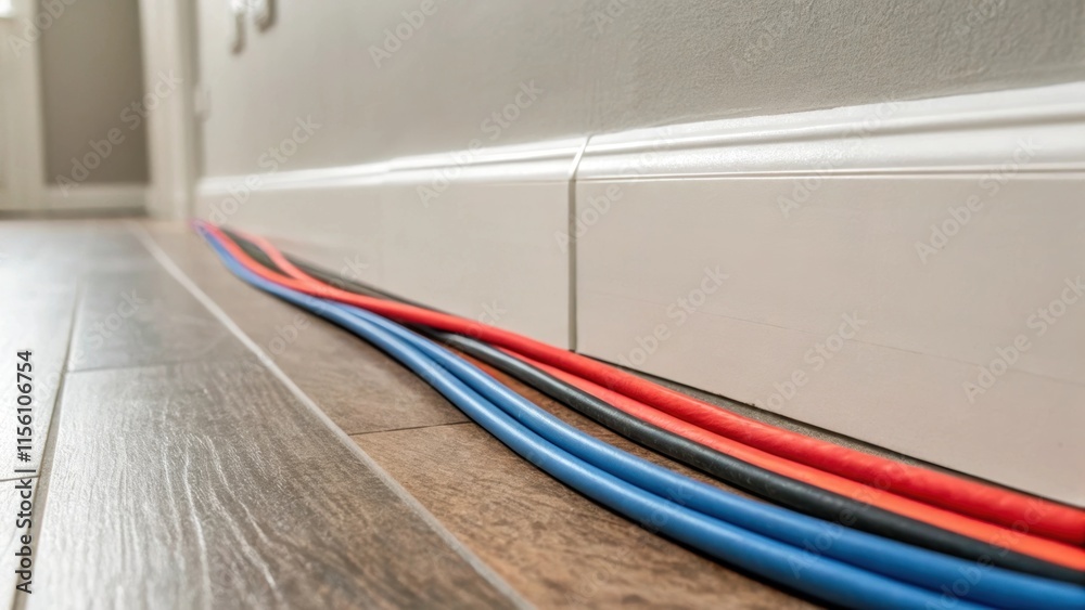 Poster An image focusing on flexible electrical tubing snaking along the base of a wall designed to be discreet while still providing a pop of color in an otherwise neutral palette.