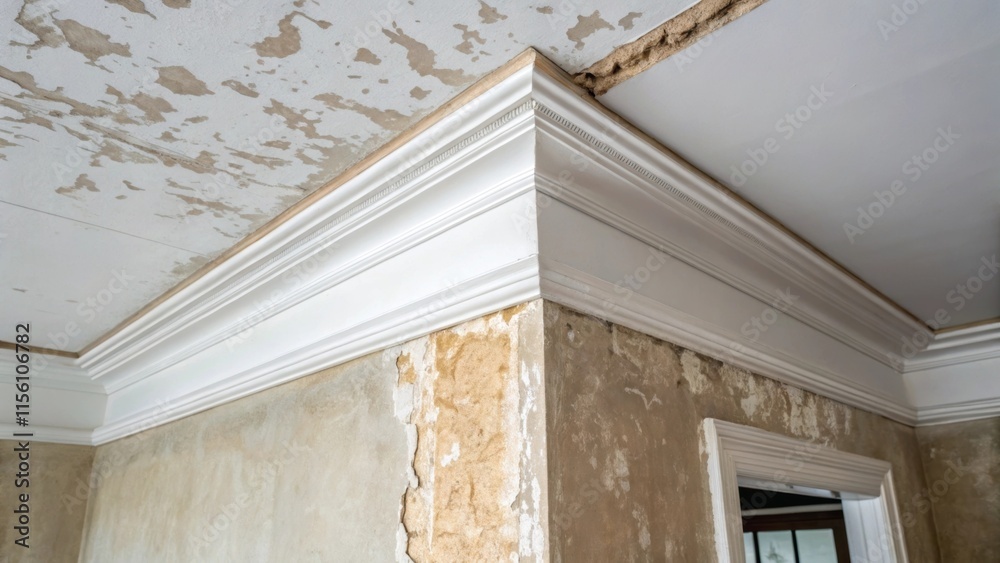 Aufkleber An image focusing on the blending of new and old materials where a pristine white edge of the ceiling contrasts with worndown wall paint embodying the theme of renovation and