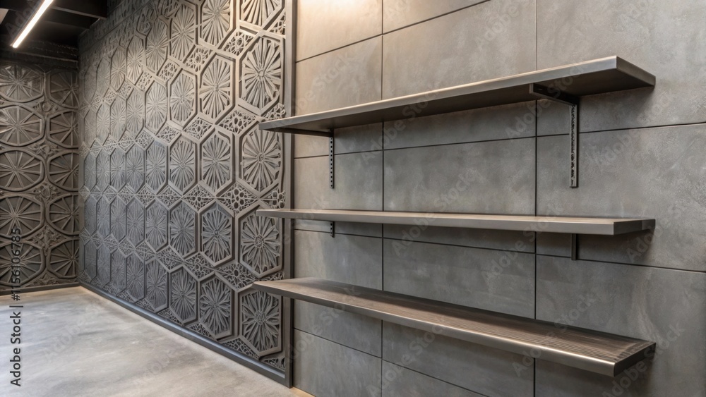 Poster An industrialstyle wall in slate gray boasts intricately designed linear outs offering an edgy backdrop for sleek metallic floating shelves.