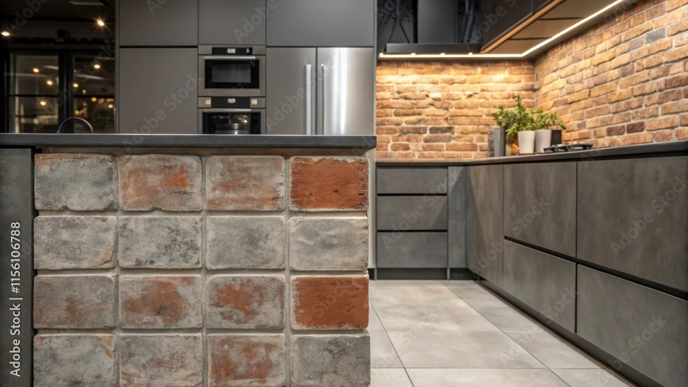 Poster an industrialstyle kitchen closeup showing a blend of matte cement tiles with exposed brick creating