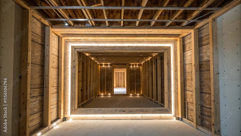 Poster An image of the rough opening from an angle showcasing the dimensionality created by the overlapping layers of drywall and wooden studs with the light creating a halo effect around