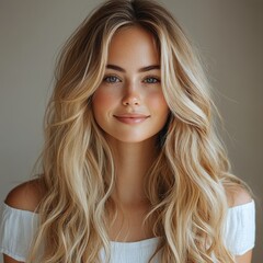 Naklejka premium Blonde Model Smiling and Showing Long Healthy Hair