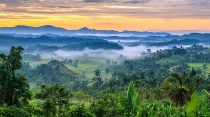 Obraz premium Breathtaking Sunrise Over Verdant Hills and Misty Valleys in Tropical Landscape with Lush Greenery and Rolling Mountains Under Cloudy Sky