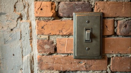 An industrialstyle light switch with a vintage toggle lever is installed on a raw exposed brick wall the earthy tones of the bricks complementing the metallic switchs patina.