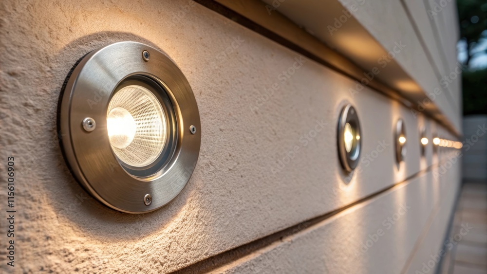 Poster An extreme closeup of the recessed lights rim against the wall emphasizing the contrast between the metallic finish and the soft muted color of the surface.