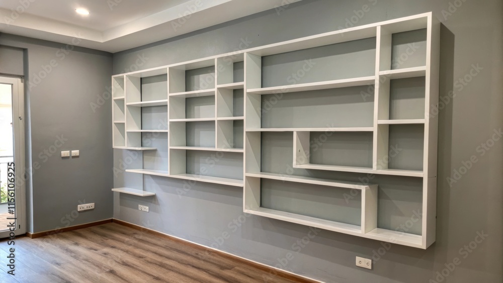 Aufkleber An empty wall painted in soft gray with a variety of minimalist shelves laid out in different sizes displaying a harmonious balance of shape and form.