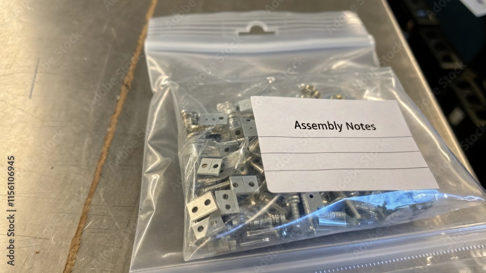 Aufkleber an extreme closeup of a labeled bag containing small connector pieces each fastener glimmering under
