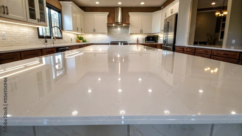 Aufkleber An expansive kitchen countertop the clean glossy finish illuminated by soft overhead lighting its surface perfectly devoid of any items emphasizing its preparation for tile work.