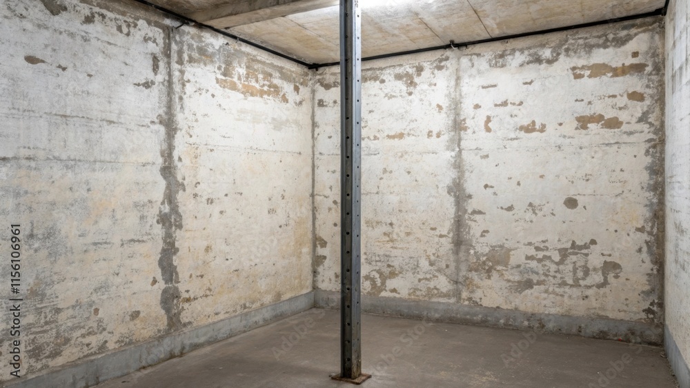 Poster an empty corner of the room where concrete meets a single steel support beam the texture of the wall
