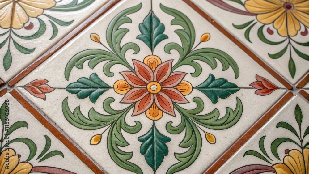 Poster An extreme closeup of a corner of a tile featuring a botanical motif emphasizing the organic shapes and colors that lend a fresh inviting look to the space.