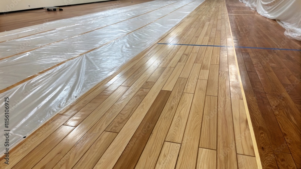 Poster a newly laid floor showing the contrast between the finished planks and the unfinished spaces still 
