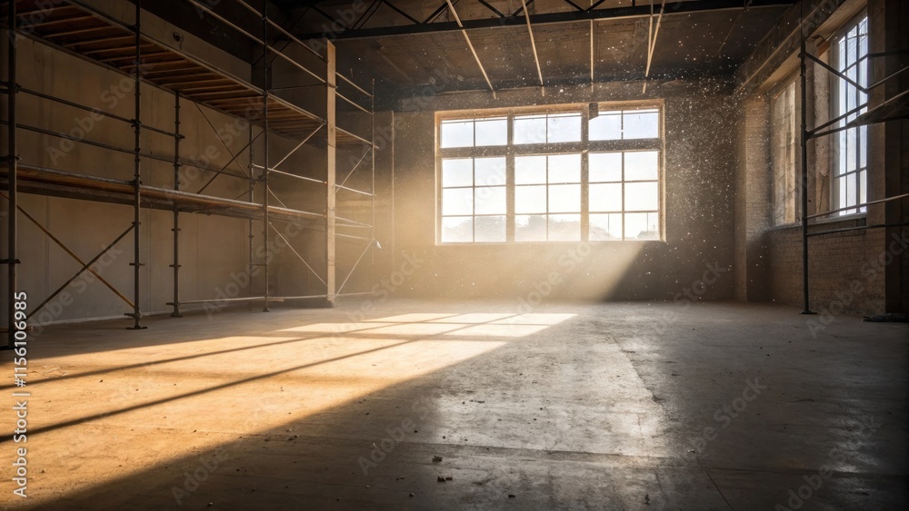 Fototapete An empty space in the center of the room where dust motes float in the sunlight making the stillness poignant against the backdrop of scaffolding.