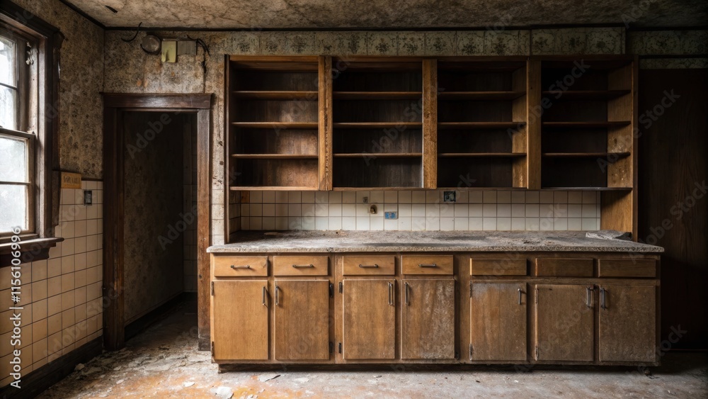 Poster an empty kitchen space with aged wooden cabinetry the doors slightly ajar revealing empty shelves co