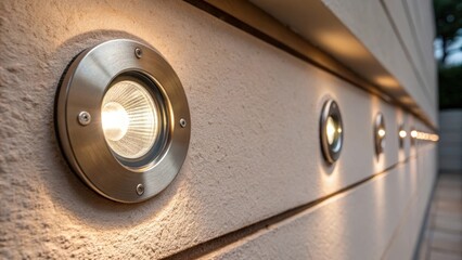 Obraz premium An extreme closeup of the recessed lights rim against the wall emphasizing the contrast between the metallic finish and the soft muted color of the surface.