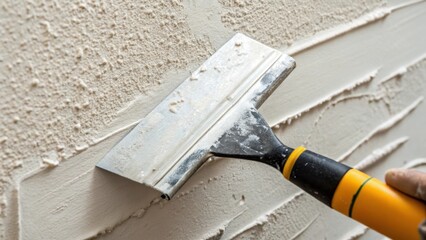 An extreme closeup displaying the finely applied joint compound on drywall emphasizing the precision of the tool used to create a flawless surface.