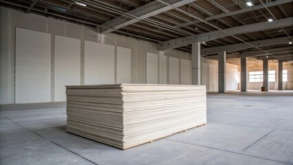An expansive shot capturing a single dominating stack of drywall sheets accentuated by the starkness of the surrounding empty walls and floor.