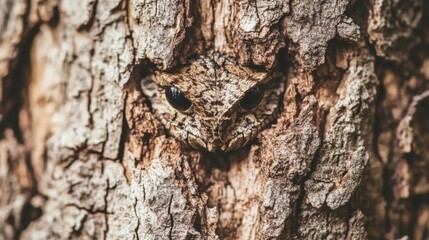 Close-Up of a Camouflaged Owl Moth Blending Perfectly with Tree Bark in Nature, Showcasing Its Intricate Wing Patterns and Eyes