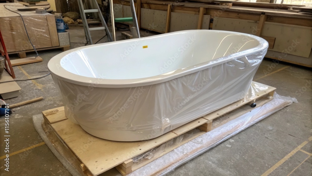 Poster an elegant bathtub still wrapped in protective layers showcases its clean lines and luxurious finish