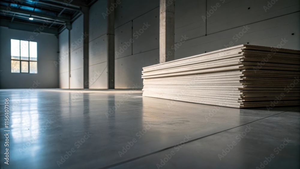 Aufkleber An atmospheric perspective focusing on the stark contrast between a pile of drywall sheets and the smooth empty floor beneath with subtle lighting creating a serene ambiance.