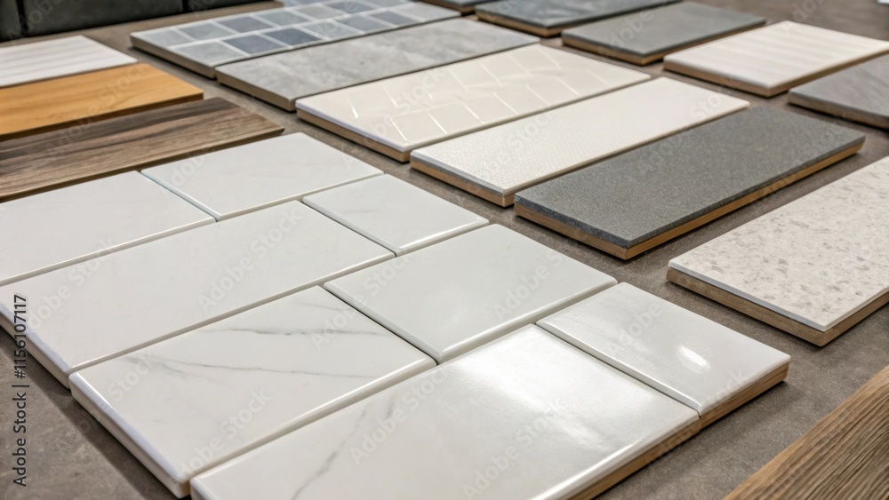 Poster An assortment of rectangular tiles with a modern minimalist look their clean lines and neutral palette of whites and grays emphasizing a contemporary renovation vibe.