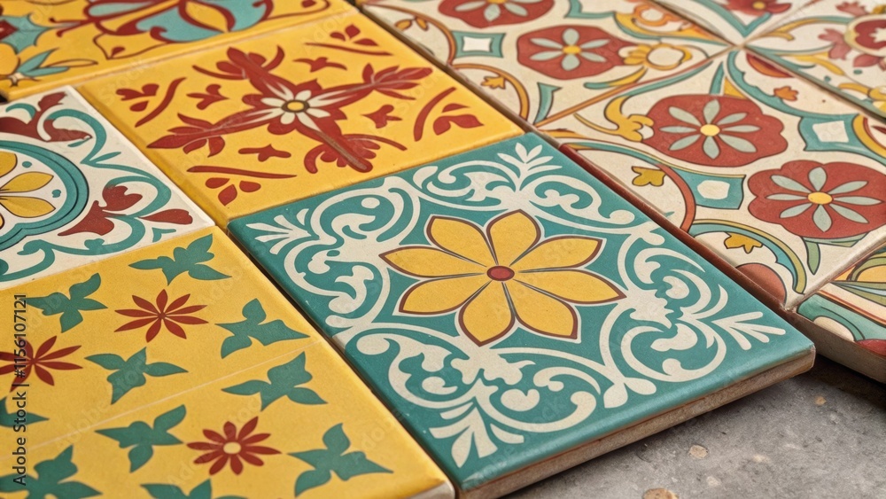 Poster An assortment of vintageinspired encaustic tiles featuring bold repetitive patterns in shades of yellow teal and terracotta creating visual contrast in a playful arrangement.