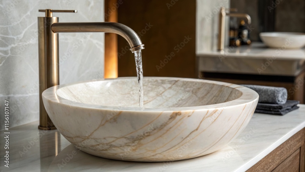 Poster an artistic waterfallstyle faucet pouring water over a smooth round sink made of white marble with n