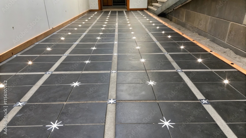 Poster an artistic perspective of a newly prepared floor section with sparkling white spacers in stark cont