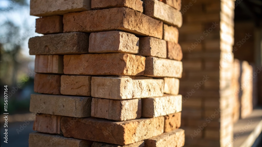 Poster An artistic perspective of a vertical stack of bricks with the play of natural light casting shadows that accentuate their unevenly p surfaces.