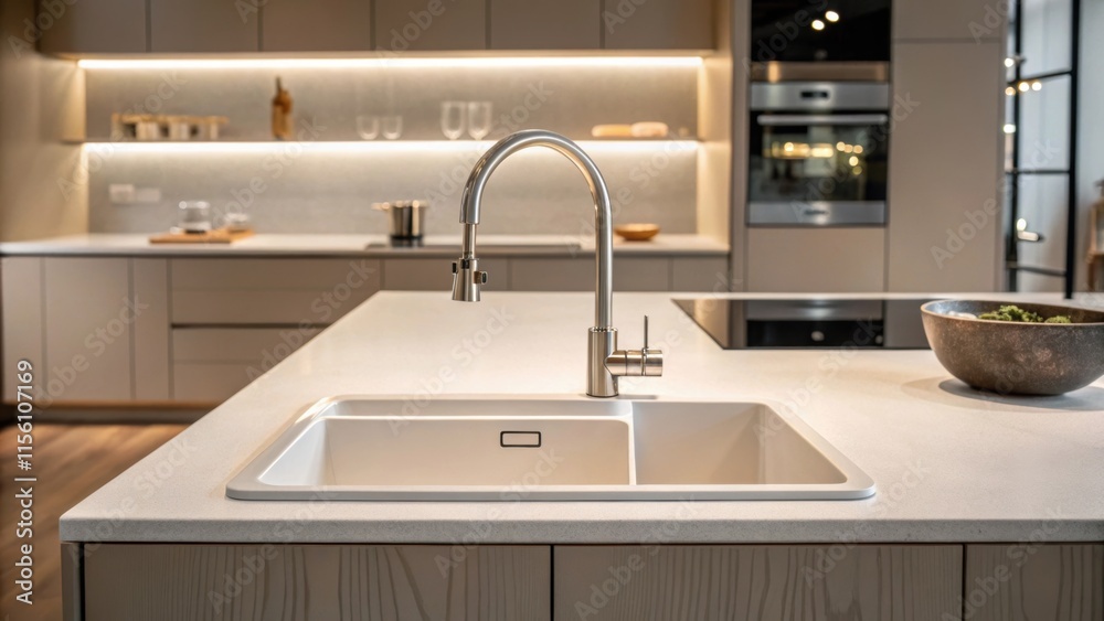 Aufkleber An artistic perspective showcases a minimalist sink with a deep basin and a graceful faucet each element harmonizing within a modern kitchenready to be connected.