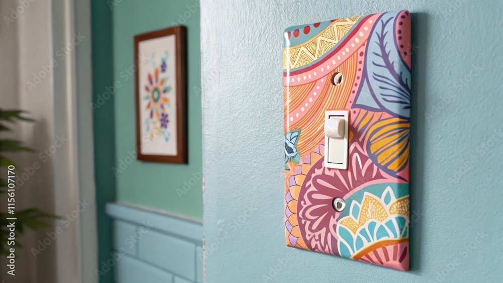 Aufkleber An artistic installation features a colorful light switch plate adorned with abstract patterns set against a calming pastel wall that enhances the vibrancy of the design.