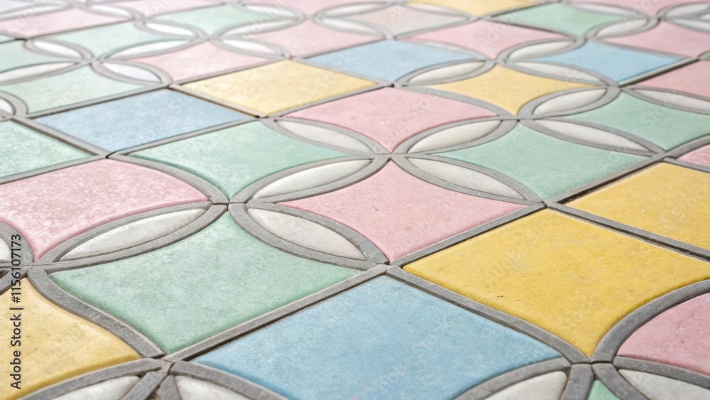 Poster An artistic layout of pastelcolored tiles arranged in a geometric design where the delicate touch of pale gray grout lines creates a harmonious flow throughout the floor space.