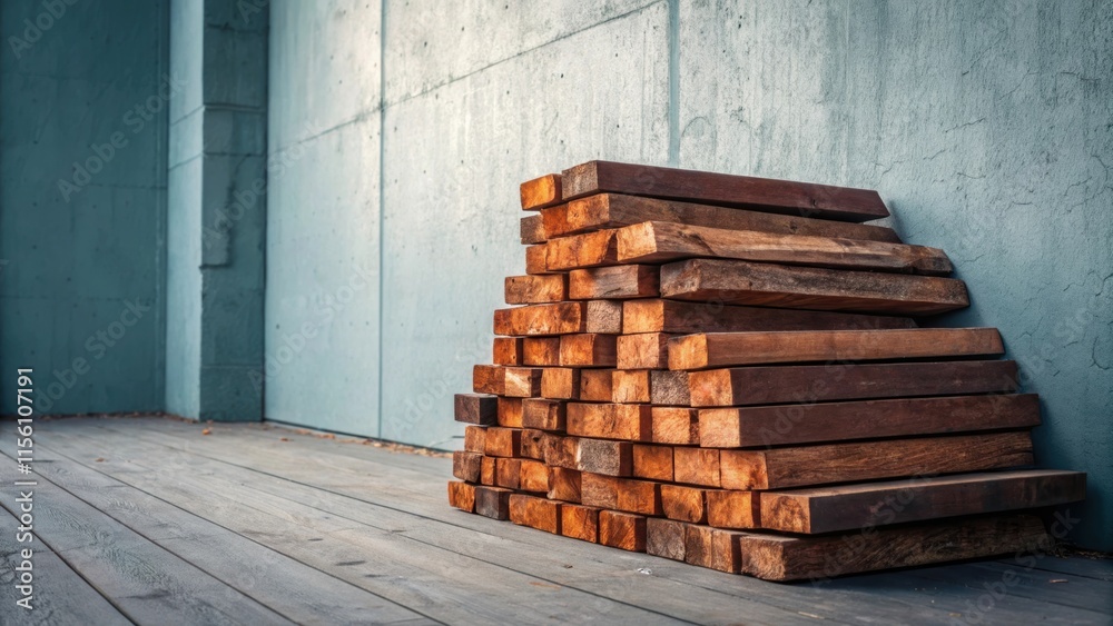 Poster an artistic perspective of a leaning stack of timber the warm hues of the wood creating a contrast w