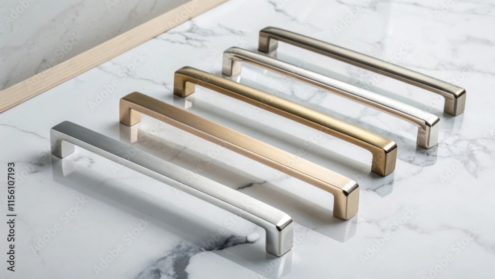 Aufkleber An artistic display of recessed handles in various widths each reflecting a different light gradient set against a pure white marble backdrop emphasizing contrast and elegance.