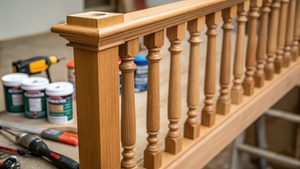 An assortment of paint cans and tools are partially visible in the background while the focus remains on the down railing emphasizing the theme of renovation and preparation.